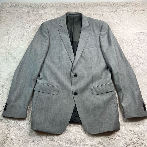 Hugo Boss Virgin Wool Dual Vent Gray Geo Mens Blazer Jacket 44L Woven in Italy - Picture 1 of 12